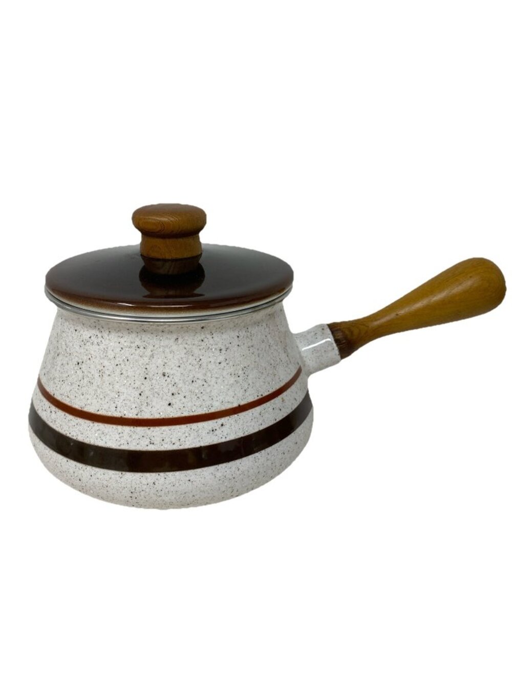 Vintage 1970’s Brown Speckled Striped Enamel Fondue Pot With Wood Handle & Lid